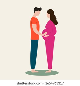 Happy loving couple of husband and wife prepare become parents. Concept illustration about pregnancy, motherhood, family, parenthood. Dad hugs a young pregnant mom. Vector illustration.