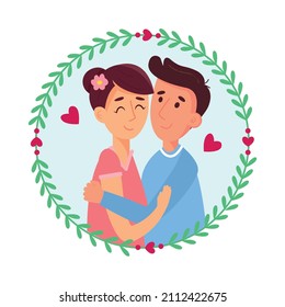 Happy loving couple illustration. Young people in love portrait. Good for Valentine day card design.