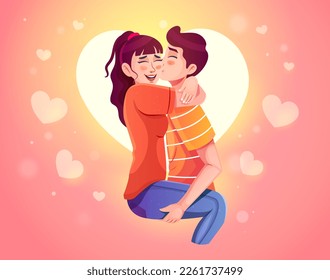 Happy loving couple kissing celebrating valentine's day. Sweet couple on coral background. Boy holding and lifting up his girlfriend. Use in banner, poster, sticker, blogging, and promotion materials.