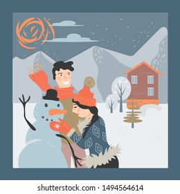 Happy loving couple making snowman on winter snowy landscape background. Template for Christmas greeting cards, invitations. Xmas and New Year holidays design vector illustration.