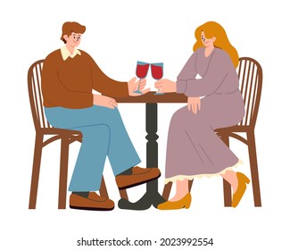 Happy loving couple on a date in a restaurant, having dinner and drinking red wine. Vector illustration in cartoon flat style.