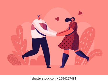 Happy Loving Couple Outdoors Sparetime. Cheerful Man and Woman Characters Spend Time Together Holding Hands and Rejoice with Hearts around. Love Relation, Togetherness. Flat Vector Illustration