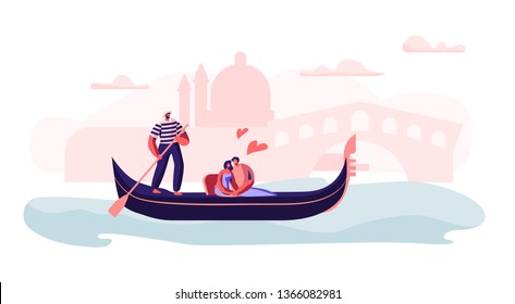 Happy Loving Couple Sitting in Gondola with Gondolier Floating at Canal Hugging with Hearts Around, Love in Venice. Man and Woman Have Trip or Romantic Tour to Italy. Cartoon Flat Vector Illustration