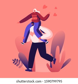 Happy Loving Couple Sparetime, Cheerful Man Riding Woman on his Neck Happily Running. Characters Spend Time Together and Rejoice Outdoors. Love Relations, Togetherness. Flat Vector Illustration