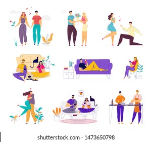Happy Loving Couple Spend Time Together on Weekend Set. Man and Woman Doing Home Household Activity, Dating and Meeting Outdoors, Relaxing and Cooking Having Leisure Cartoon Flat Vector Illustration