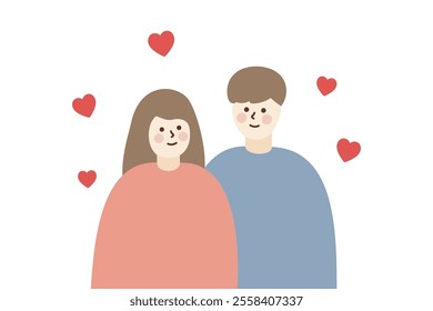 Happy loving couple staring to each other. Love, romantic, dating, valentines day concept. Flat people vector cartoon character illustration with floating red heart background.