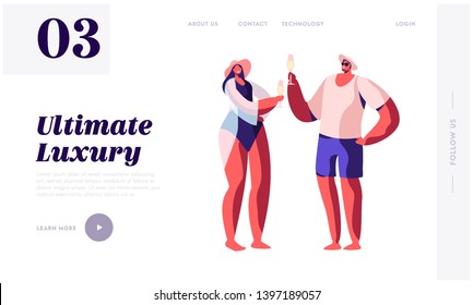 Happy Loving Couple in Swim Suits Drinking Champagne. Summertime Vacation, Trip, Luxury Resort Entertainment, Leisure on Yacht Website Landing Page, Web Page. Cartoon Flat Vector Illustration, Banner