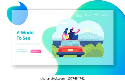 Happy Loving Couple Travel Together Website Landing Page. Man and Woman Sitting on Roof of Car Hugging and Looking on Sunset or Sunrise at Seascape Web Page Banner. Cartoon Flat Vector Illustration