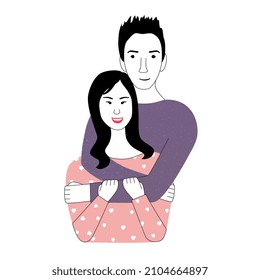 Happy loving couple vector illustration. Hugging man and woman. Romantic relationship concept. Valentine's day greeting card.  Portrait of people in love. Dating boy and girl.