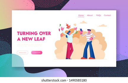 Happy Loving Couple Walking in Autumn Park Website Landing Page. Woman Throw Up Falling Leaves Man Photographing. Love Pair Spend Time on Nature Relax Web Page Banner. Cartoon Flat Vector Illustration
