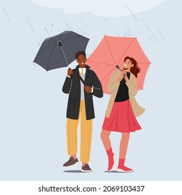 Happy Loving Couple Walking in Rainy Herbst Wetter unter Regenschirm, junge Leute sprechen, genießen Beziehungen, Liebe. Charaktere verbringen Zeit beim Regen auf der Natur, entspannen. Cartoon-Vektorgrafik