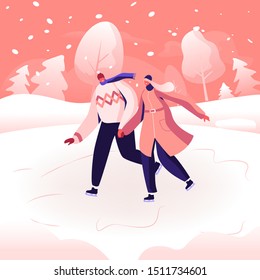 Happy Loving Couple in Warm Clothes Holding Hands Skating Outdoors on Frozen Pond in Winter Park. Wintertime Holidays and Entertainment. Christmas Vacation Spare Time. Cartoon Flat Vector Illustration