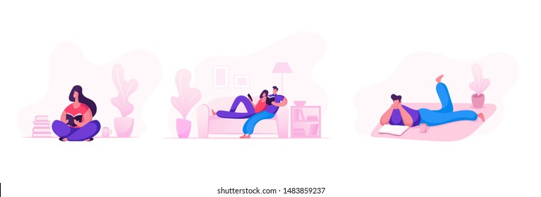 Happy Loving Couple Weekend Sparetime at Home Set Isolated on White Background. Male and Female Characters Spending Time at Leisure Reading Books Together and Relaxing Cartoon Flat Vector Illustration