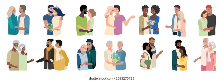 Happy loving couples of different ages and races hugging. Happy Valentine's Day. Big vector set.