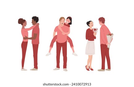 Happy Loving Couples During Valentines Day. White Women, Black Women, White Men, Black Men, Diverse Characters. Flat Vector Illustration Isolated, White Background