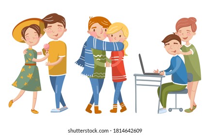 Happy Loving Couples Spending Time Together Vector Illustration Set