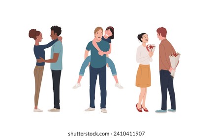 Happy Loving Couples. White Women, Black Women, White Men, Black Men, Diverse Characters. Flat Vector Cartoon Illustration Isolated, White Background