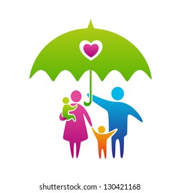 Happy and loving family with children under umbrella