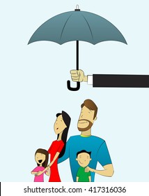 Happy and loving family with children under umbrella. Conceptual image of insurance, social security, protection, security service. Vector