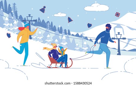 Happy Loving Family with Children Winter Season Outdoor Activity. Parents Ride Kids on Sled on Snowy Mountains Landscape. Christmas And New Year Holidays Fun and Joy. FLat Vector Illustration.