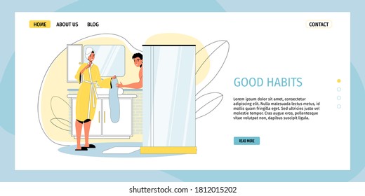 Happy Loving Family Couple Character Taking Morning Shower. Wife Giving Towel To Husband. Daily Routine Everyday Schedule Care Activities Scene. Good Habits Landing Page Design Template