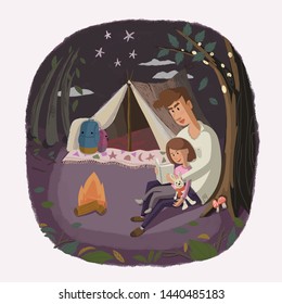 Happy loving family. Dad and his daughter camping in forest.