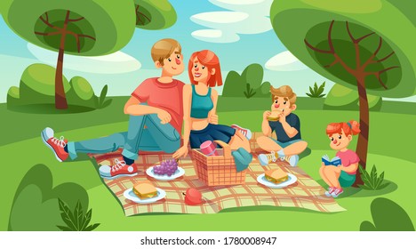 Happy Loving Family Kids On Picnic In Green Park. Mother, Father, Daughter And Son Rest Outdoor Together. Parent Hugging, Son Eating Sandwich, Daughter Reading Book. Summer Leisure. Nature Landscape