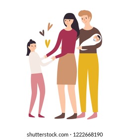 Happy loving family. Mother, father, daughter and newborn child or infant isolated on white background. Funny flat cartoon characters standing together and holding hands. Colorful vector illustration.