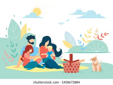 Happy Loving Family of Mother, Father, Daughter and Son on Picnic with Pet Outdoors, Little Boy Sitting on Mom Hands, People Relaxing Together in Park, Love, Relations Cartoon Flat Vector Illustration