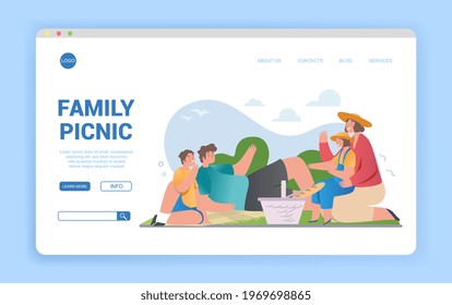 Happy loving family of mother, father, daughter, son on picnic outdoors in park, daughter sitting on mom hands, people relaxing together, love, relations concept. Flat cartoon vector Illustration