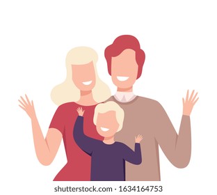 Happy Loving Family. Smiling Parents and Their Son Standing Close to Each Other Posing Vector Illustration
