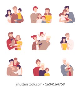 Happy Loving Family. Smiling Parents and Their Kids Embracing Each Other Vector Illustrations Set