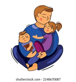 Happy Loving Father With Children Vector Cartoon Illustration Isolated On White.Good Parenting And Upbringing.