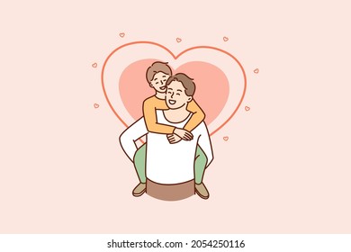 Happy loving father hold on back smiling small son, enjoy family weekend together. Excited little boy child piggyback caring dad show gratitude. Fatherhood, parenthood concept. Vector illustration. 