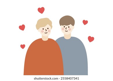 Happy loving gay couple staring to each other. Love, romantic, dating, valentines day, lgbt concept. Flat people vector cartoon character illustration with floating red heart background.