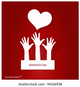 Happy loving hands with Valentine's paper heart on a red background. Vector Illustration.