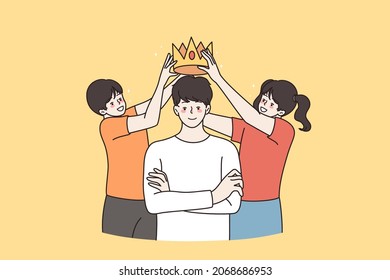 Happy loving kids play crown on young father show gratitude and care. Smiling small children award best dad, feel grateful and thankful. Good parent example, upbringing. Vector illustration. 
