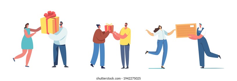 Happy Loving Man Character Prepare Gift to Woman. Boyfriend Giving Present to Girlfriend for Birthday, Christmas, New Year, Anniversary or Valentine Day Celebration. Cartoon People Vector Illustration