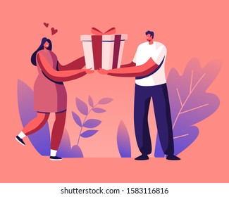 Happy Loving Man Prepare Gift to Woman. Boyfriend Giving Present to Girlfriend for Birthday, Merry Christmas, New Year Party, Anniversary or Valentine Day Celebration. Cartoon Flat Vector Illustration