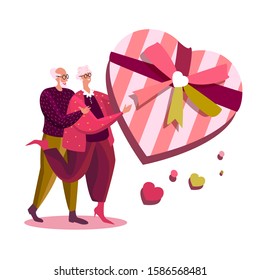 Happy Loving Old Pensioner Man Prepare Huge Heart Gift to his Woman Grandmother. Boyfriend Giving Present to Girlfriend for Birthday, Anniversary or Valentine Day Celebration. Flat Vector Illustration