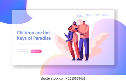 Happy Loving Parent and Children Landing Page. Mother Cuddle Carry Son Website or Web Page. Smiling Father Hold Wife Shoulder. Man Woman and Boy Child. Flat Cartoon Vector Illustration