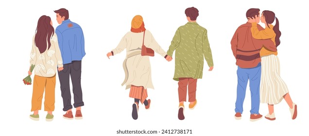 Happy loving romantic couple walking, kissing each other holding hands back view isolated set