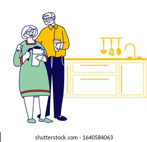 Happy Loving Senior Couple Stand on Kitchen Man Holding Glass and Woman with Potter for Filtering Water in Hands. Pensioners Loving Relation and Healthy Lifestyle. Cartoon Flat Vector Illustration