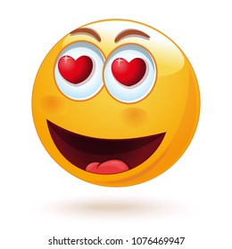 Happy loving smiley with hearts in his eyes. Cute feeling in love emoticon isolated on white background. Vector illustration