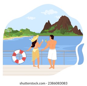 Happy loving young couple enjoying rest drinking cocktail travelling by cruise liner ship vector illustration. Holiday vacation and tourist trip concept