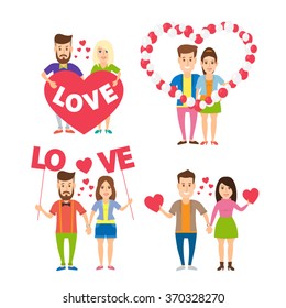 happy loving young couple set.loving couple with love letters with balloon heart with red hearts.isolated on white background. happy valentines day