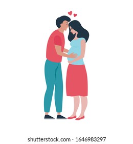 Happy loving young couple waiting for a baby isolated on white background. Pregnant young beautiful woman. Vector illustration