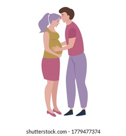 Happy loving young couple waiting for a baby isolated on white background. Pregnant young beautiful woman. Vector illustration