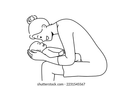 Happy loving young mother playing with newborn baby. Smiling caring mom cuddle cute little baby infant. Motherhood concept. Vector illustration. 