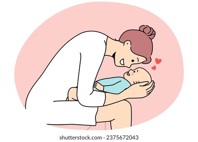 Happy loving young mother playing with newborn baby. Smiling caring mom cuddle cute little baby infant. Motherhood concept. Vector illustration.